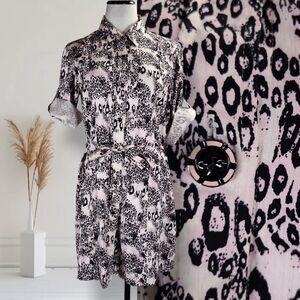 St. John Sport Mini Shirt Dress Size M Pink Animal Print Belted Roll Tab Sleeve